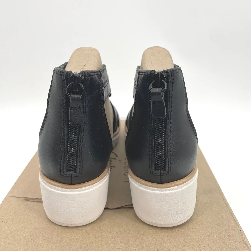 Clarks Jillian Bright Sandals Womens 7.5 Black Leather Wedge Braided Chic Trendy